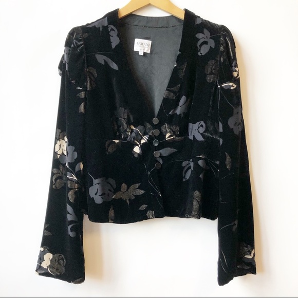 Armani Collezioni Black Cream Velvet Floral Jacket Silk Blend Women's Size 10 - Picture 1 of 7
